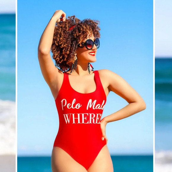 Women Md Red Swimsuit “Pelo Malo Where?” - Picture 1 of 7